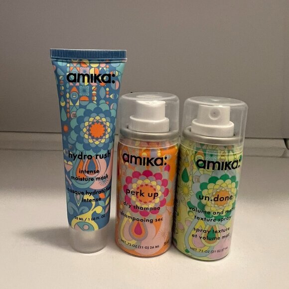 3 Amika travel sizes hydro rush mask, Perk up Dry shampoo, Undone Spray texture - Picture 1 of 2